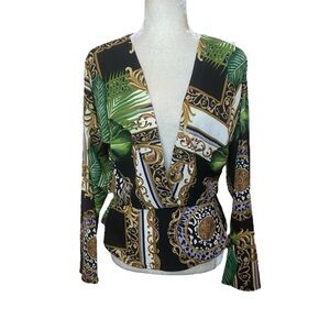 Boohoo Tropical Print V-Neck Wrap Top with Baroque Pattern in Green & Gold Sz 6